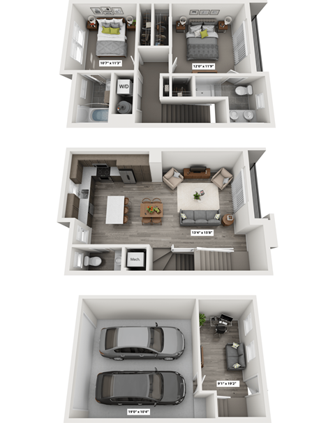 A set of three images showing different floor plans of an apartment.